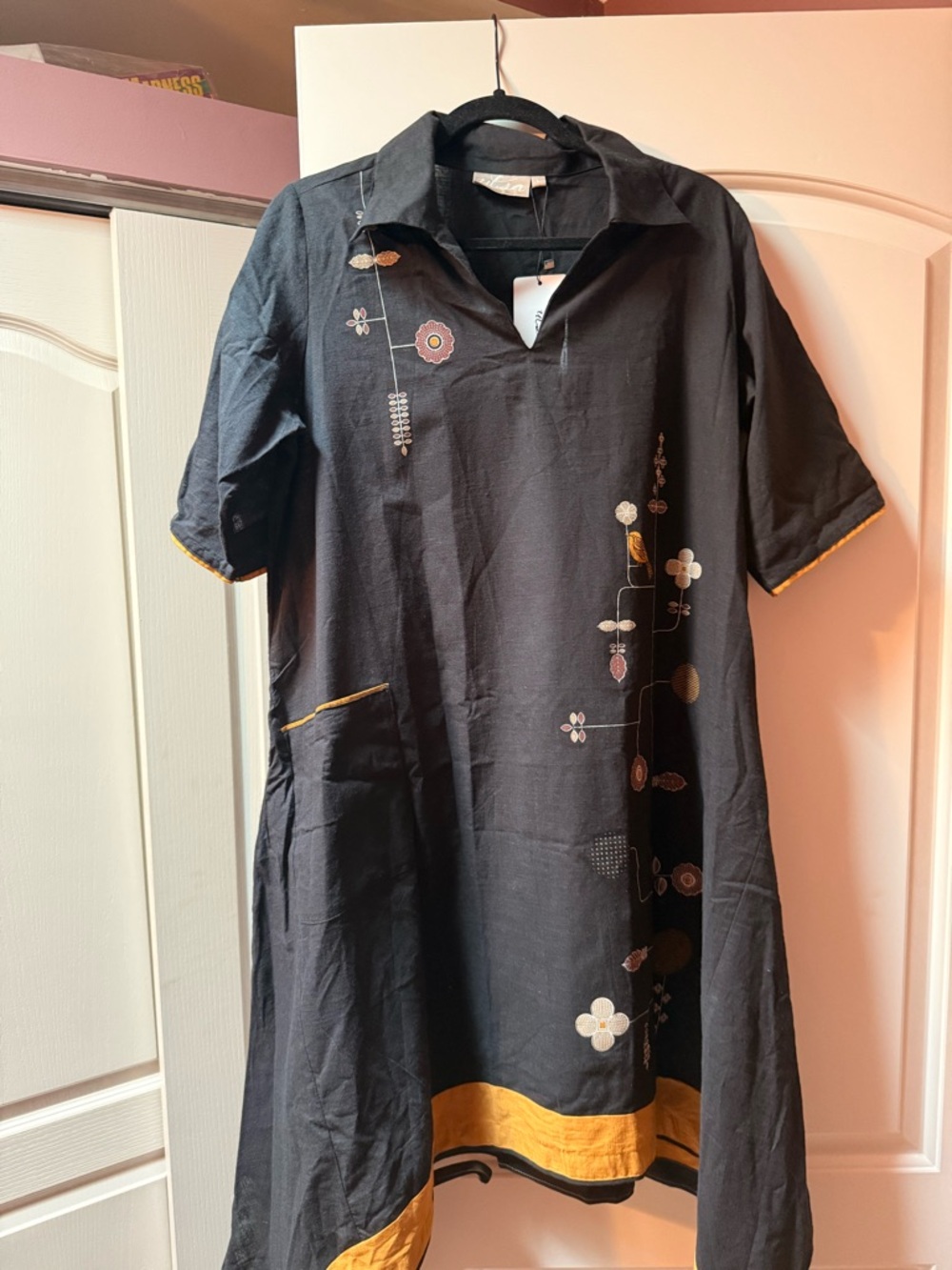 Black Tunic Dress with Mustard Trim and Floral Embroidery